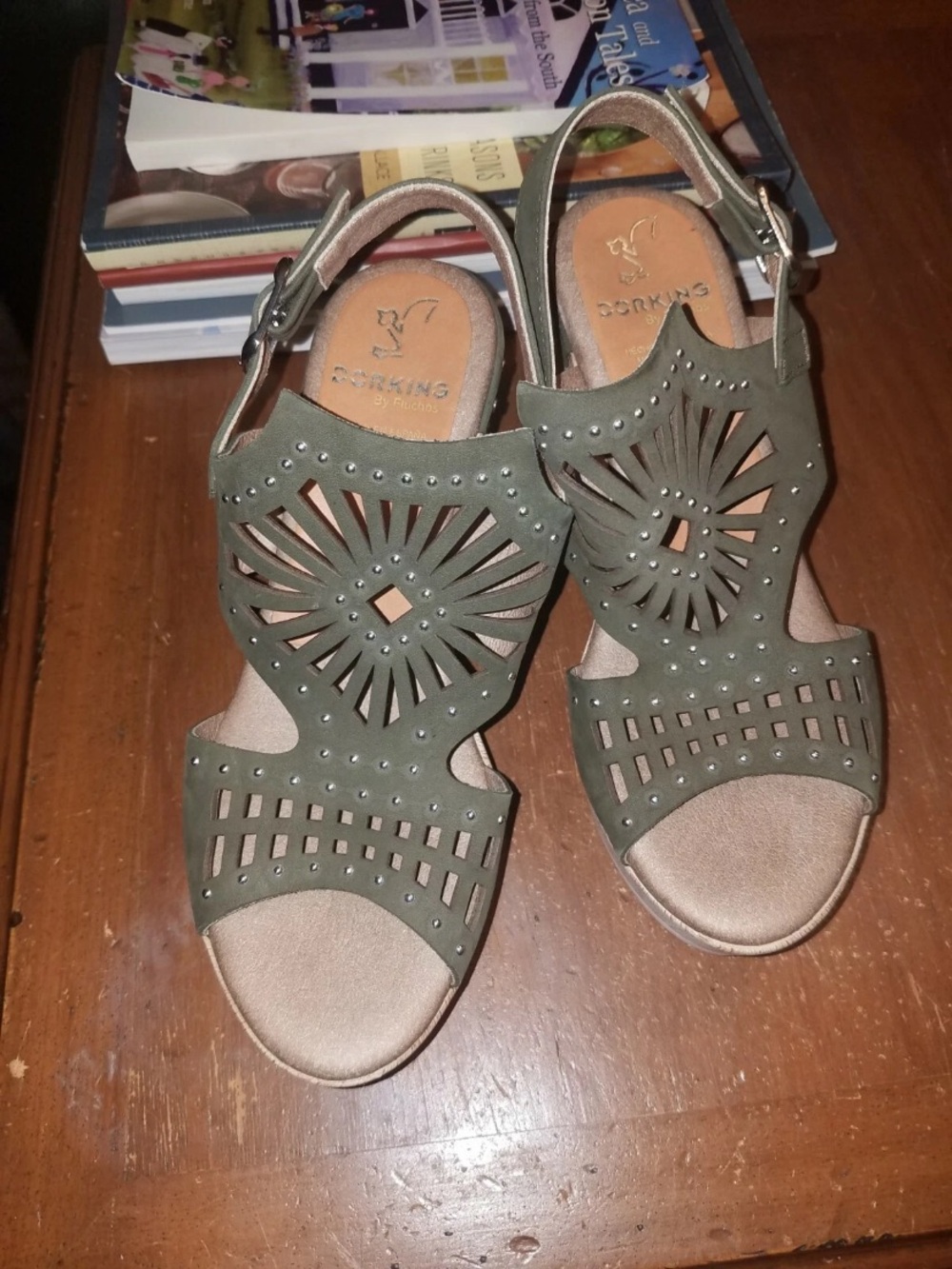 Dorking by Fluchos SALMA Platform Sandals-Olive Nubuck Leather-EU37/US 6.5-7-EUC